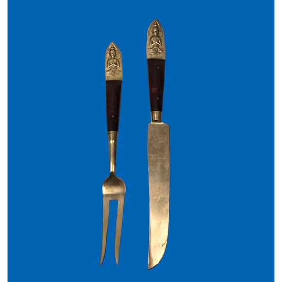 Vintage Carving Set Knife & Fork Buddha Bronze Brass Rosewood Siam Thailand - Picture 1 of 11